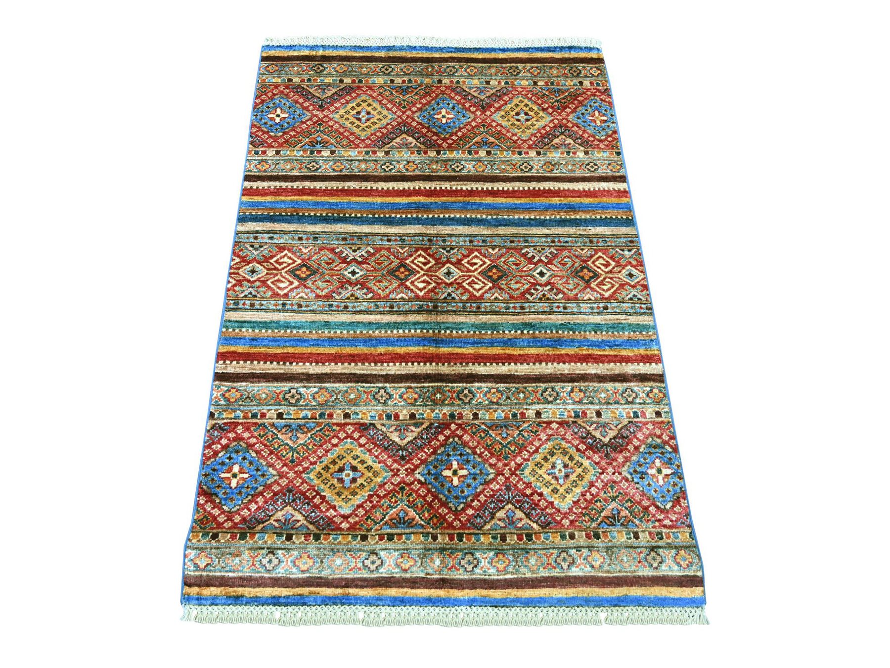 2'9"x4'1" Colorful, Pure Wool, Hand Knotted, Afghan Super Kazak with Khorjin Design, Vegetable Dyes, Sample, Mat, Oriental Rug HR22146
