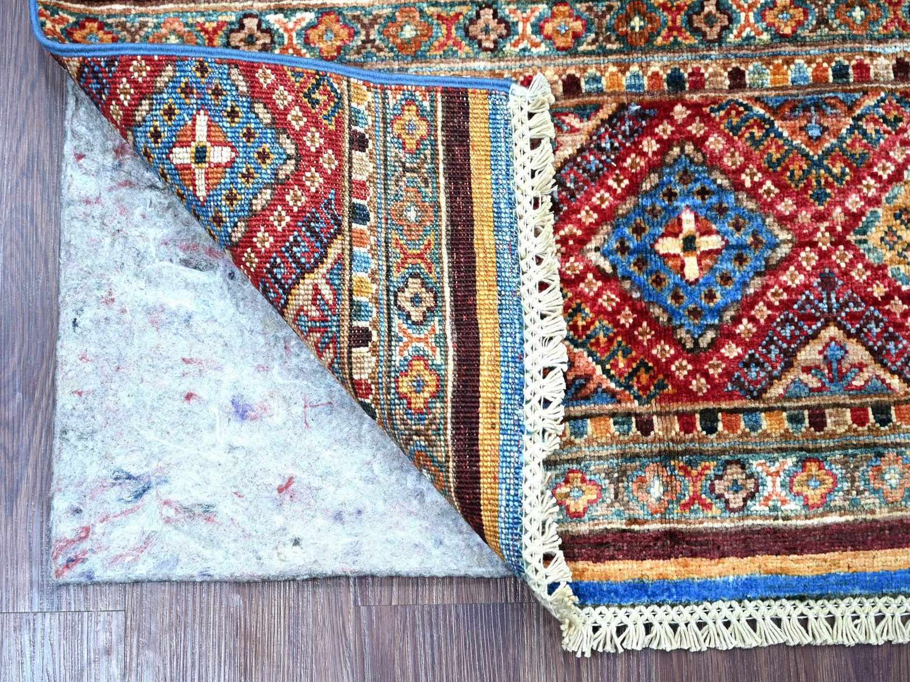 2'9"x4'1" Colorful, Pure Wool, Hand Knotted, Afghan Super Kazak with Khorjin Design, Vegetable Dyes, Sample, Mat, Oriental Rug HR22146 - Image 2