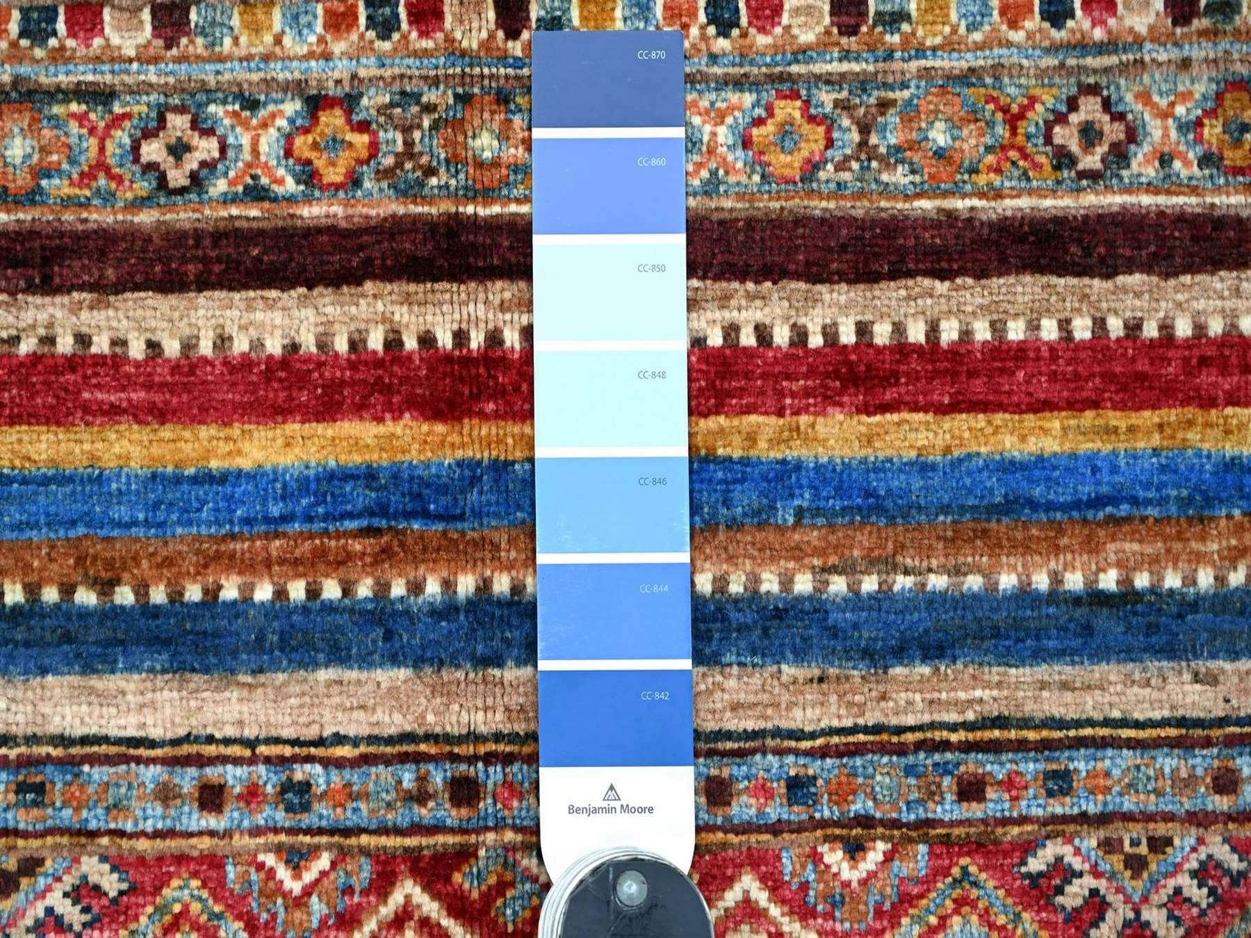 2'9"x4'1" Colorful, Pure Wool, Hand Knotted, Afghan Super Kazak with Khorjin Design, Vegetable Dyes, Sample, Mat, Oriental Rug HR22146 - Image 3