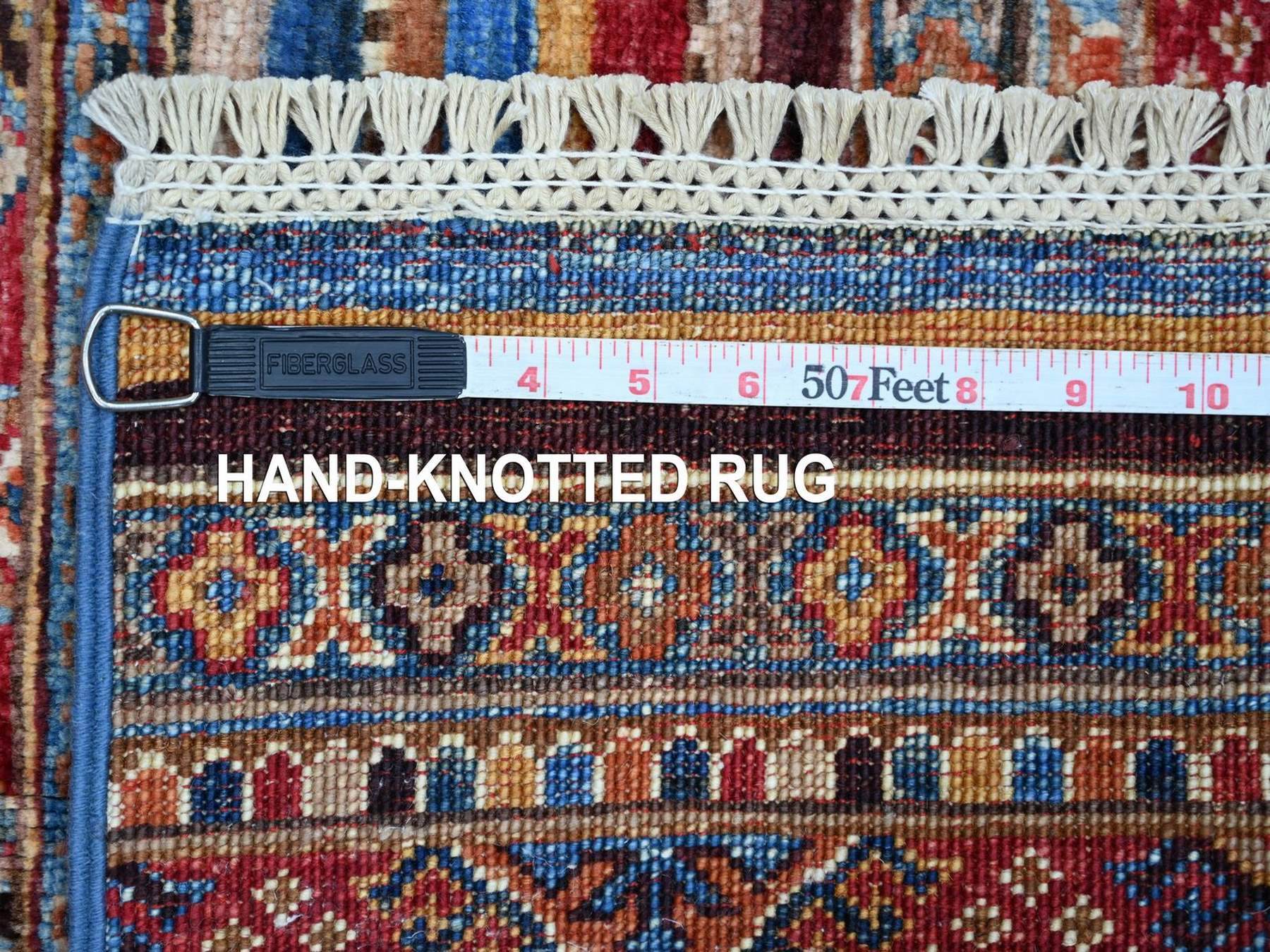 2'9"x4'1" Colorful, Pure Wool, Hand Knotted, Afghan Super Kazak with Khorjin Design, Vegetable Dyes, Sample, Mat, Oriental Rug HR22146 - Image 6