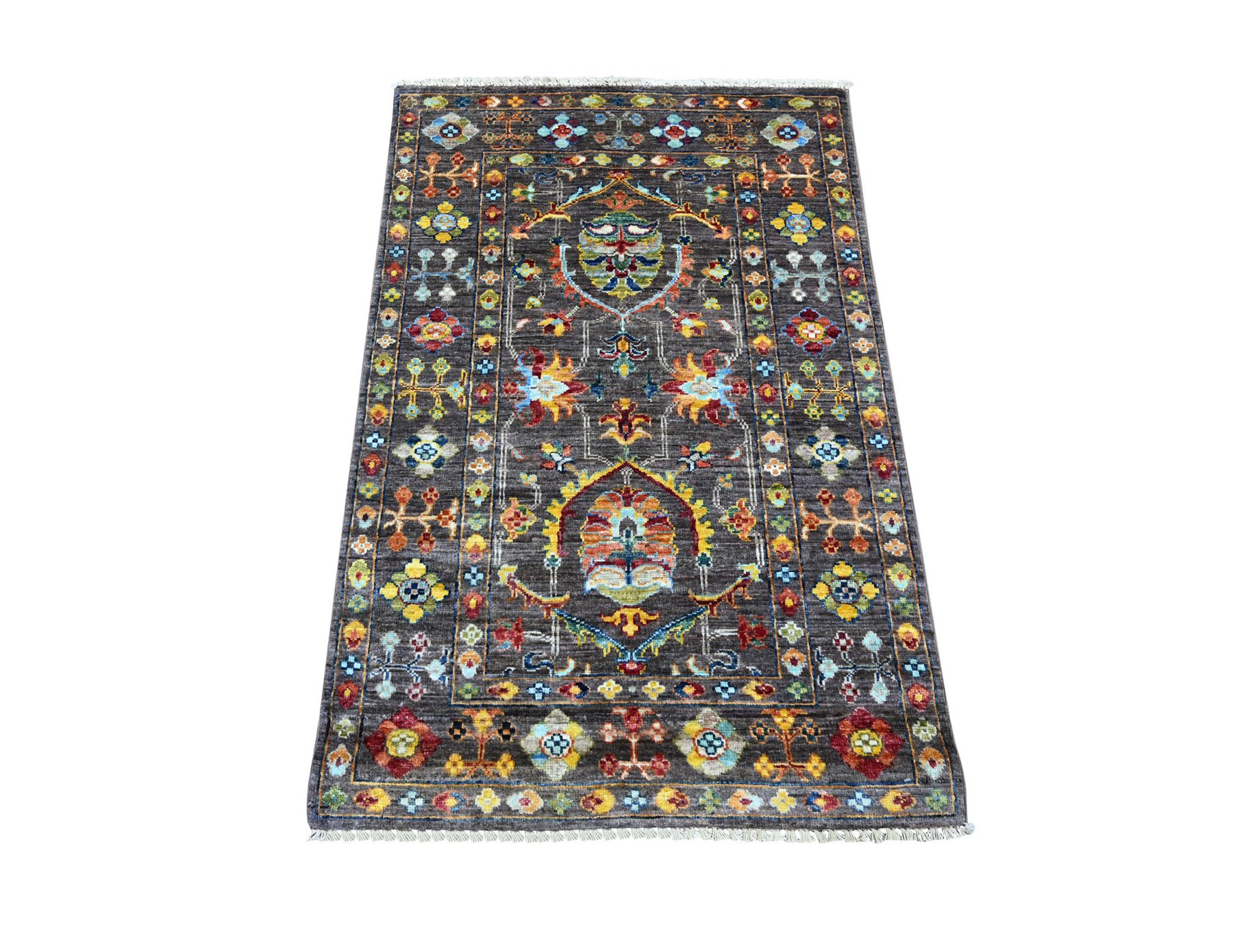 2'8"x4' Stone Gray, Afghan Sultani with All Over Design, Denser Weave, Hand Knotted, Vegetable Dyes, Soft Wool, Sample, Mat, Oriental Rug HR22147