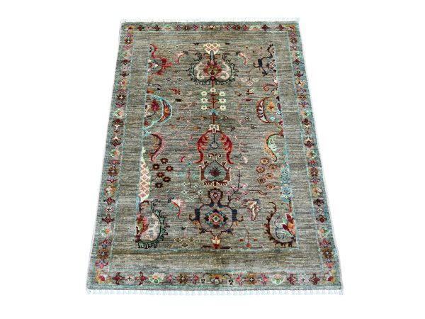 2'9"x3'10" Stone Gray, Denser Weave, Soft Wool, Vegetable Dyes, Afghan Sultani with All Over Design, Hand Knotted, Sample, Mat, Oriental Rug HR22149