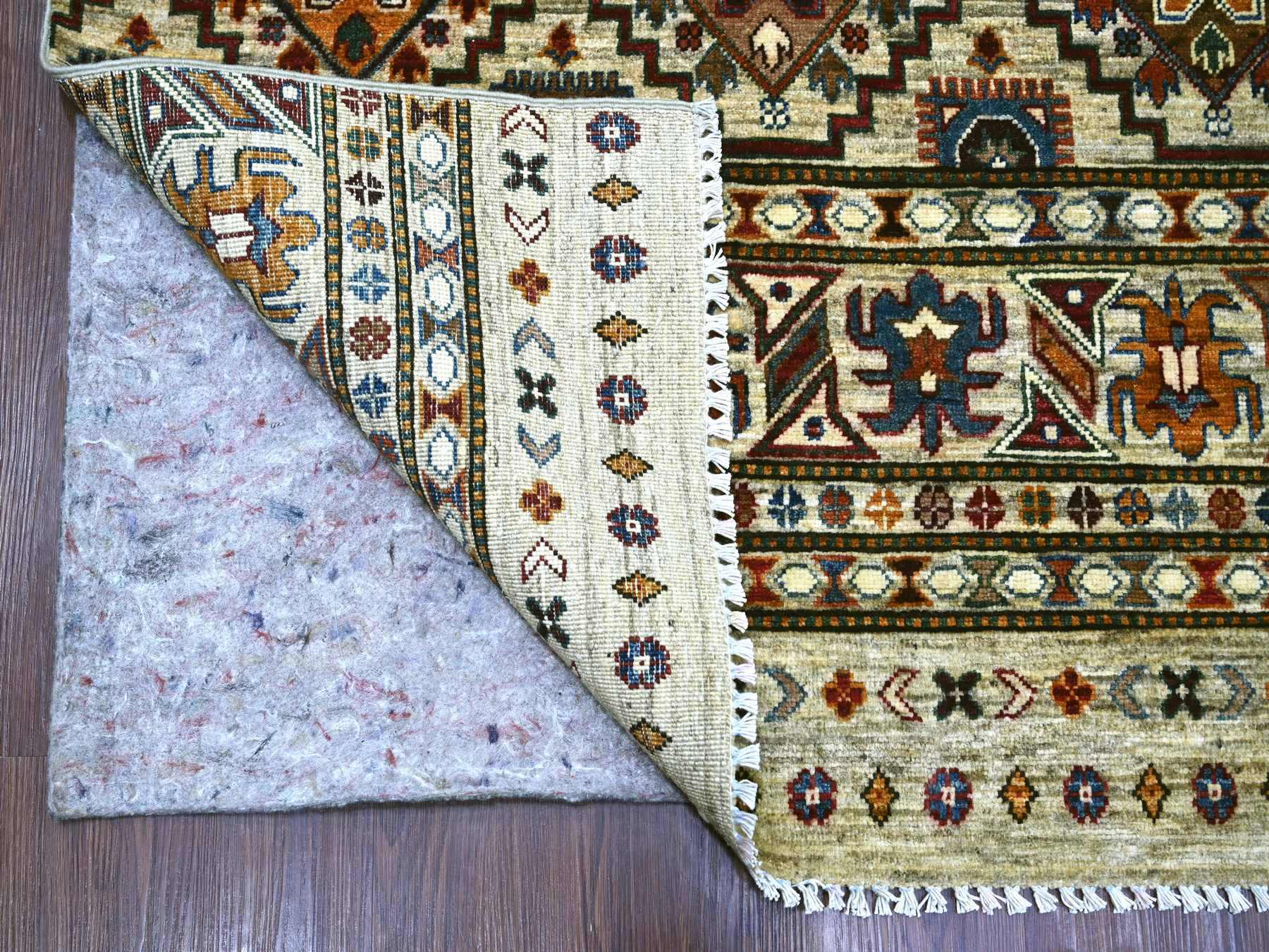 8'1"x11'3" Linen White, Pure Wool, Hand Knotted, Afghan Super Kazak with Khorjin Design, Vegetable Dyes, Oriental Rug HR22175 - Image 4