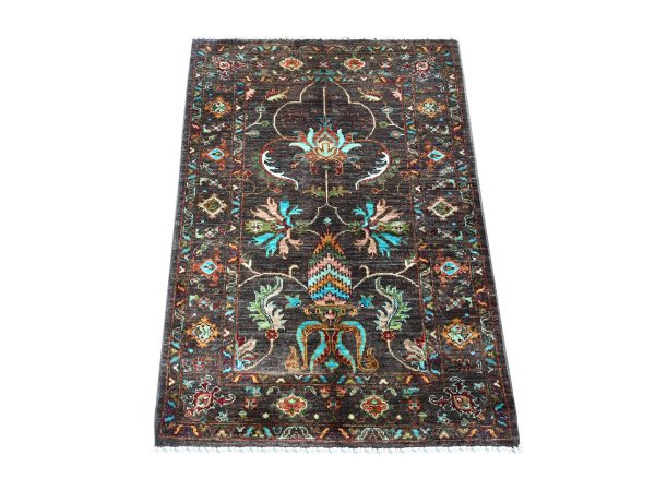 2'8"x3'8" Chocolate Brown, Hand Knotted, Soft Wool, Vegetable Dyes, Afghan Sultani with All Over Floral Pattern, Denser Weave, Sample, Mat, Oriental Rug HR22200