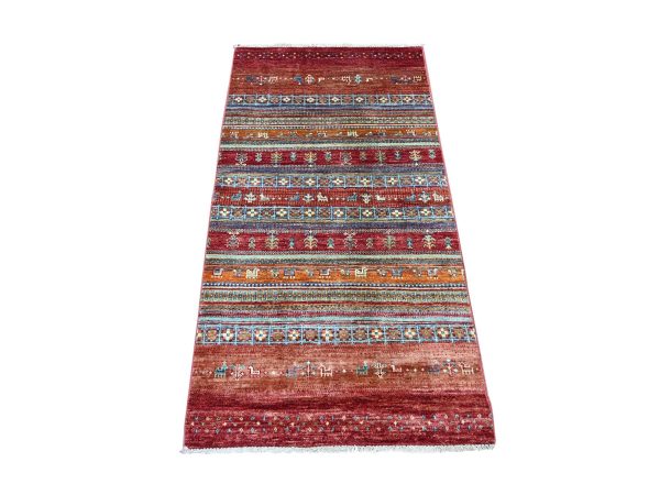 2'7"x5' Berry Red, Organic Wool, Vegetable Dyes, Hand Knotted, Afghan Super Kazak with Khorjin Design, Oriental Rug HR22205