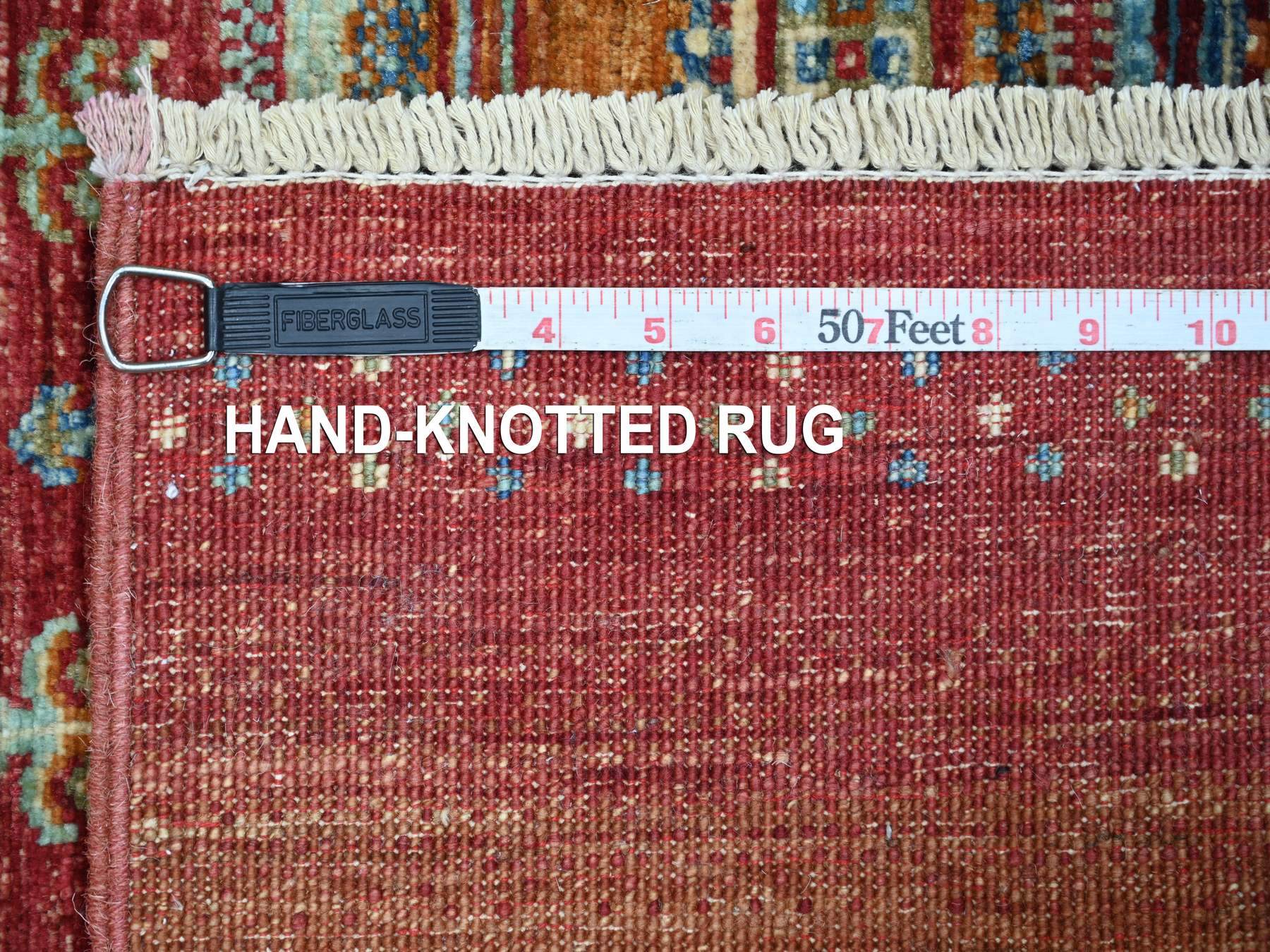 2'7"x5' Berry Red, Organic Wool, Vegetable Dyes, Hand Knotted, Afghan Super Kazak with Khorjin Design, Oriental Rug HR22205 - Image 6
