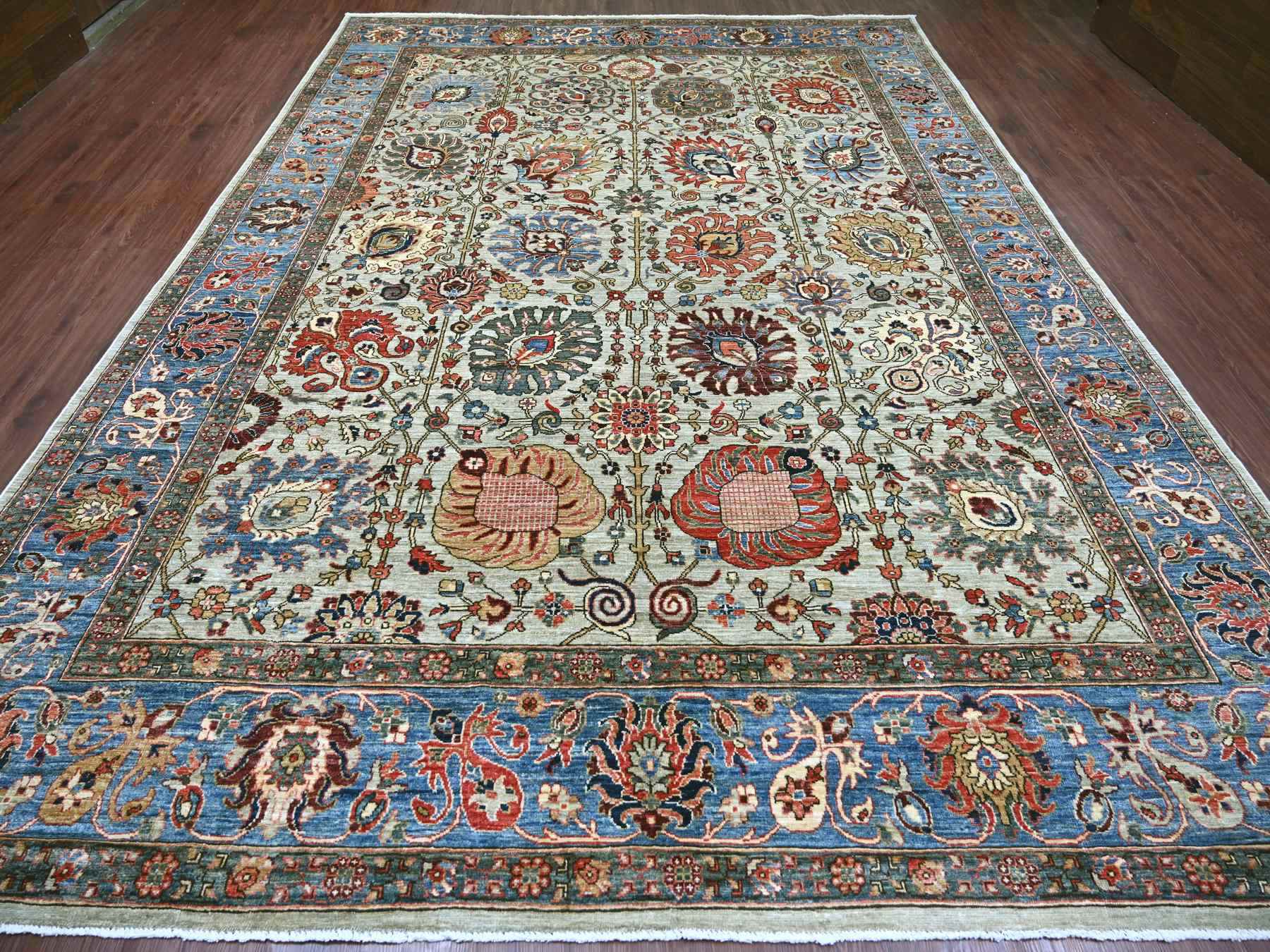 9'9"x13'8" Greenish Gray, Northwest Persian All Over Design, Aryana Grade, Hand Knotted, Vegetable Dyes, Soft Pile, High Mountain Wool, Densely Woven, Oriental Rug HR22253 - Image 2