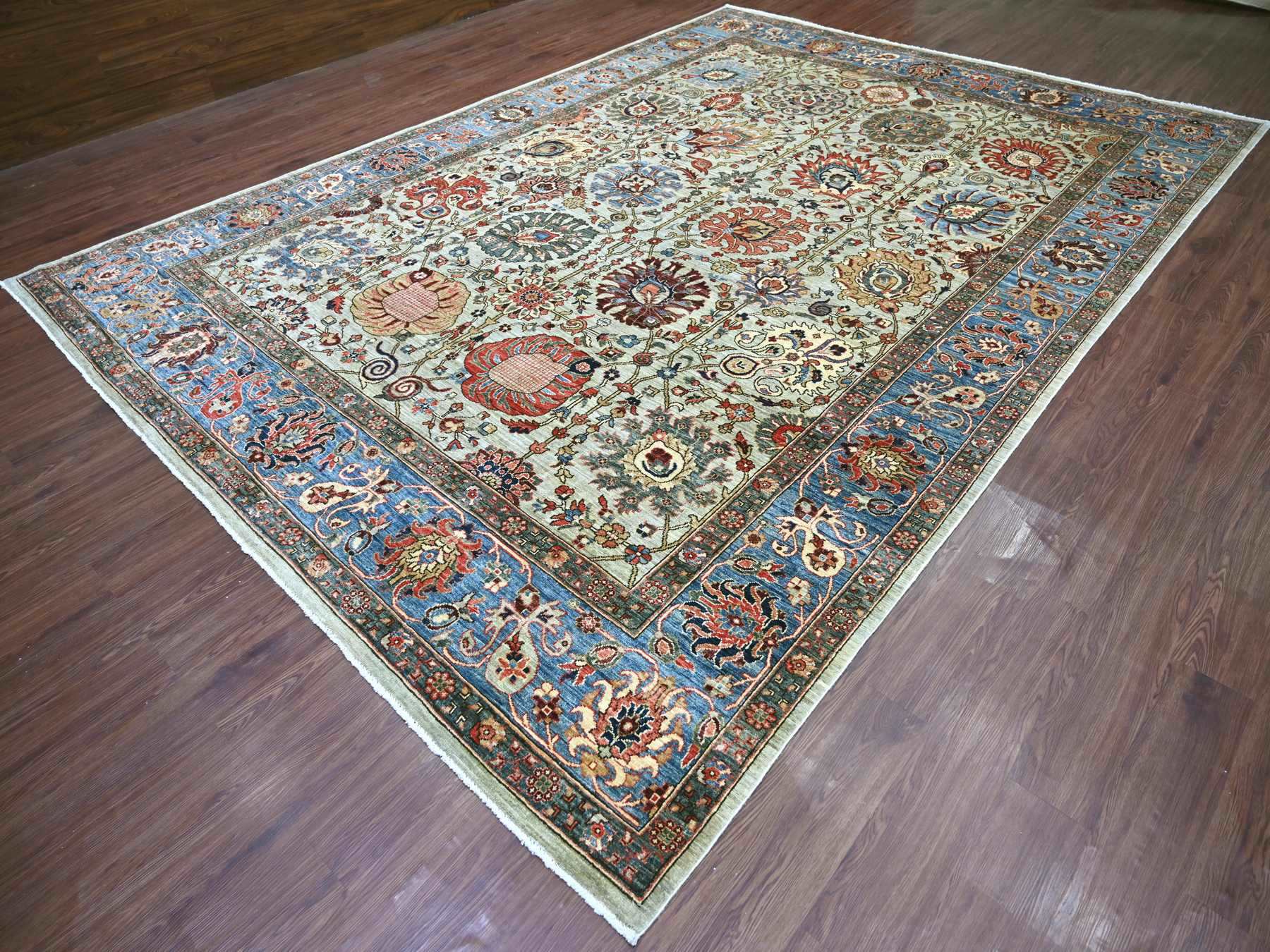 9'9"x13'8" Greenish Gray, Northwest Persian All Over Design, Aryana Grade, Hand Knotted, Vegetable Dyes, Soft Pile, High Mountain Wool, Densely Woven, Oriental Rug HR22253 - Image 3