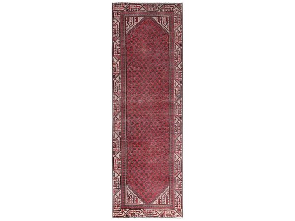 3'x9'5" Crimson Red, Vintage Persian Sarouk Mir with Boteh Design, Distressed, Cropped Thin, 100% Wool, Hand Knotted, Zero Pile, Sides and Ends Professionally Secured, Runner, Oriental Rug HR2226