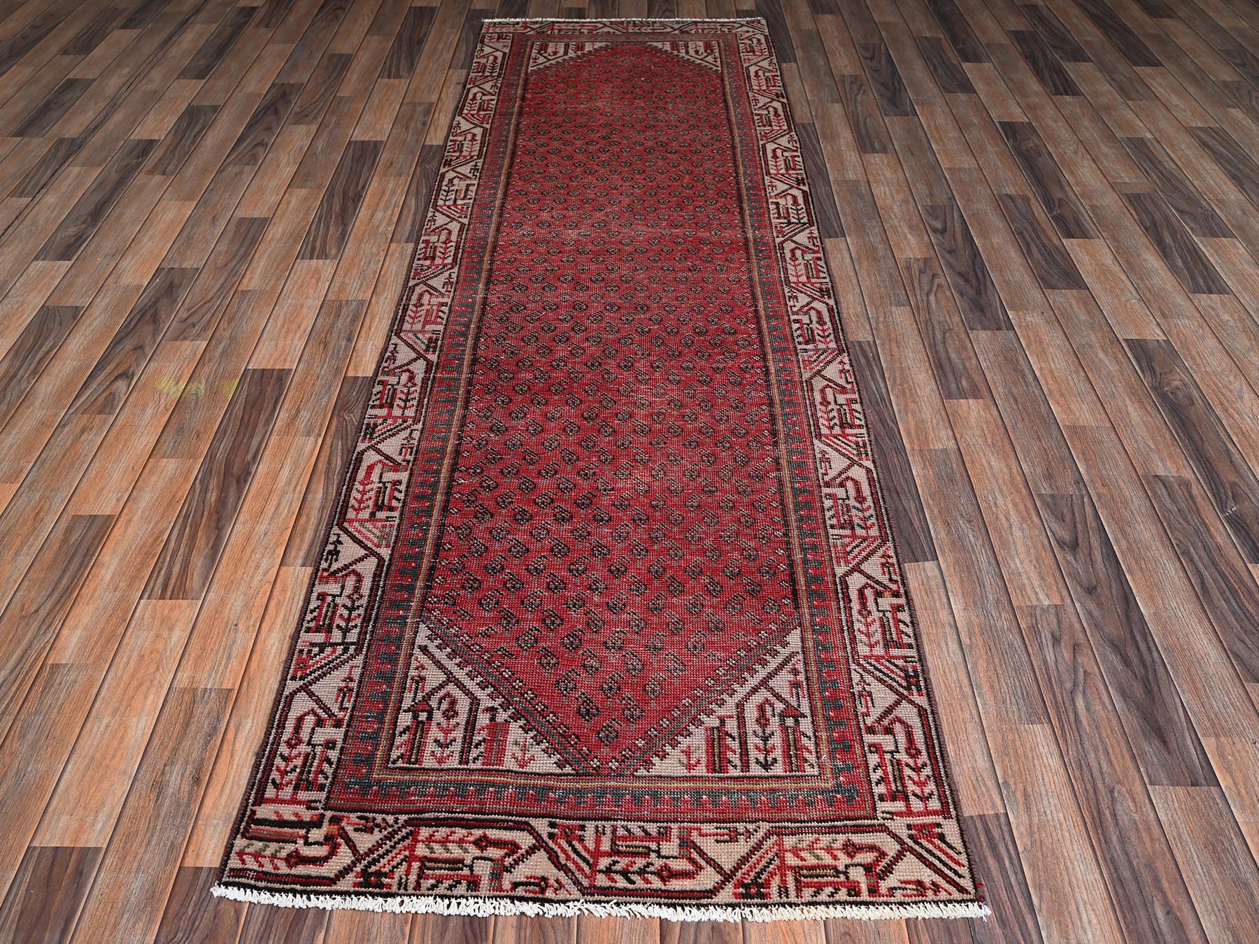 3'x9'5" Crimson Red, Vintage Persian Sarouk Mir with Boteh Design, Distressed, Cropped Thin, 100% Wool, Hand Knotted, Zero Pile, Sides and Ends Professionally Secured, Runner, Oriental Rug HR2226 - Image 2