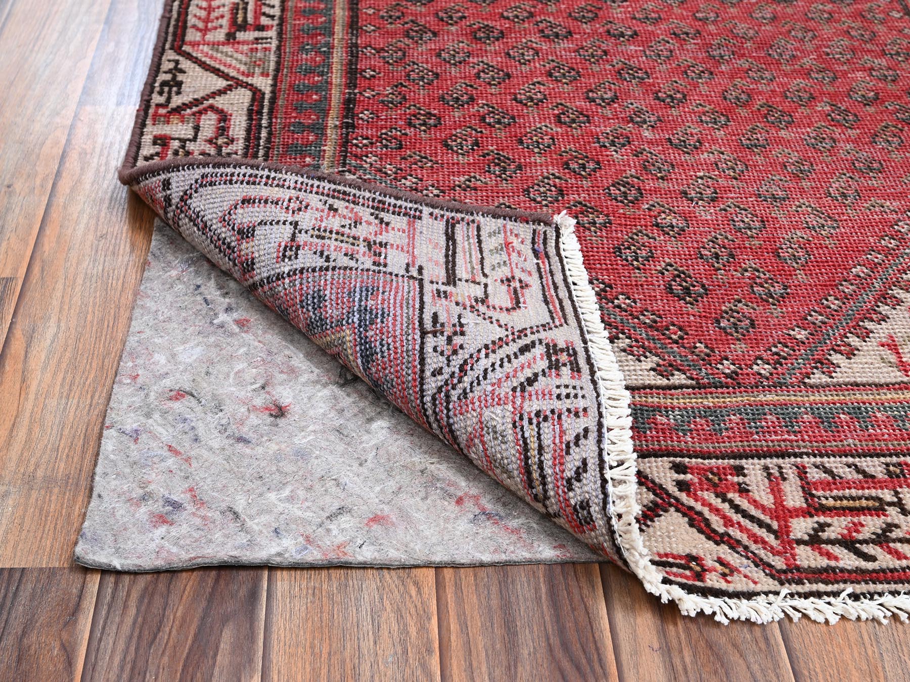 3'x9'5" Crimson Red, Vintage Persian Sarouk Mir with Boteh Design, Distressed, Cropped Thin, 100% Wool, Hand Knotted, Zero Pile, Sides and Ends Professionally Secured, Runner, Oriental Rug HR2226 - Image 3