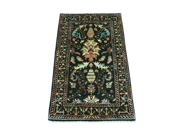 2'7"x4' Midnight Black, Hand Knotted, Denser Weave, Soft Wool, Vegetable Dyes, Afghan Sultani with All Over Floral Pattern, Sample, Mat, Oriental Rug HR22260