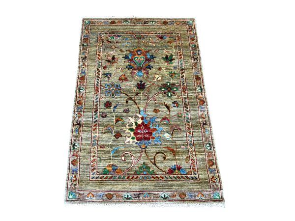 2'7"x4' Linen White, Afghan Sultani with All Over Floral Pattern, Denser Weave, Soft Wool, Vegetable Dyes, Hand Knotted, Sample, Mat, Oriental Rug HR22262
