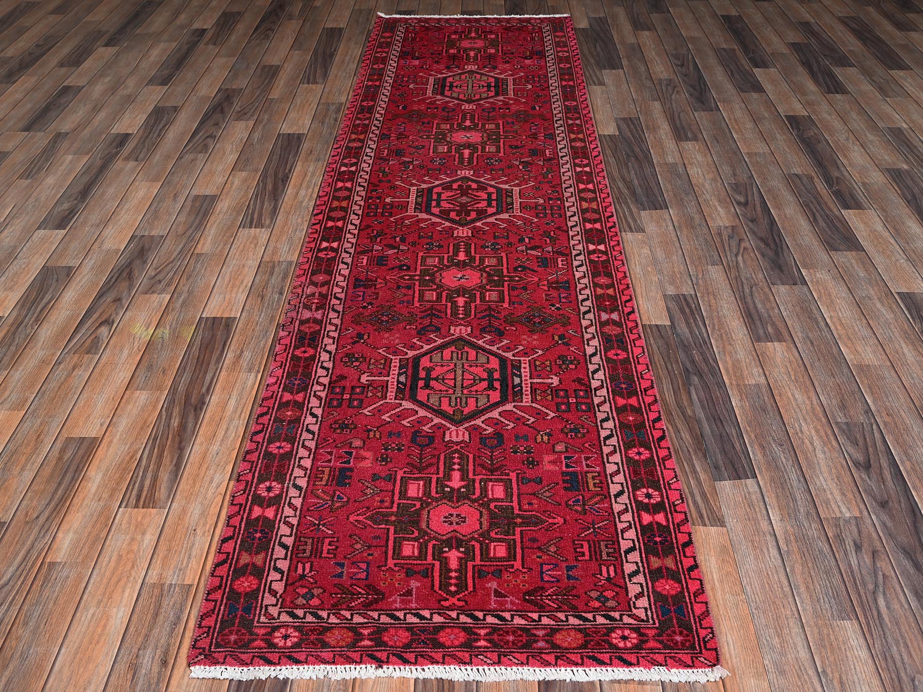 2'10"x9'8" Hot Pink, Vintage Persian Karajeh with Geometric Medallions, Worn Down and Distressed, 100% Wool, Hand Knotted, Zero Pile, Sides and Ends Professionally Secured, Runner, Oriental Rug HR2227 - Image 2