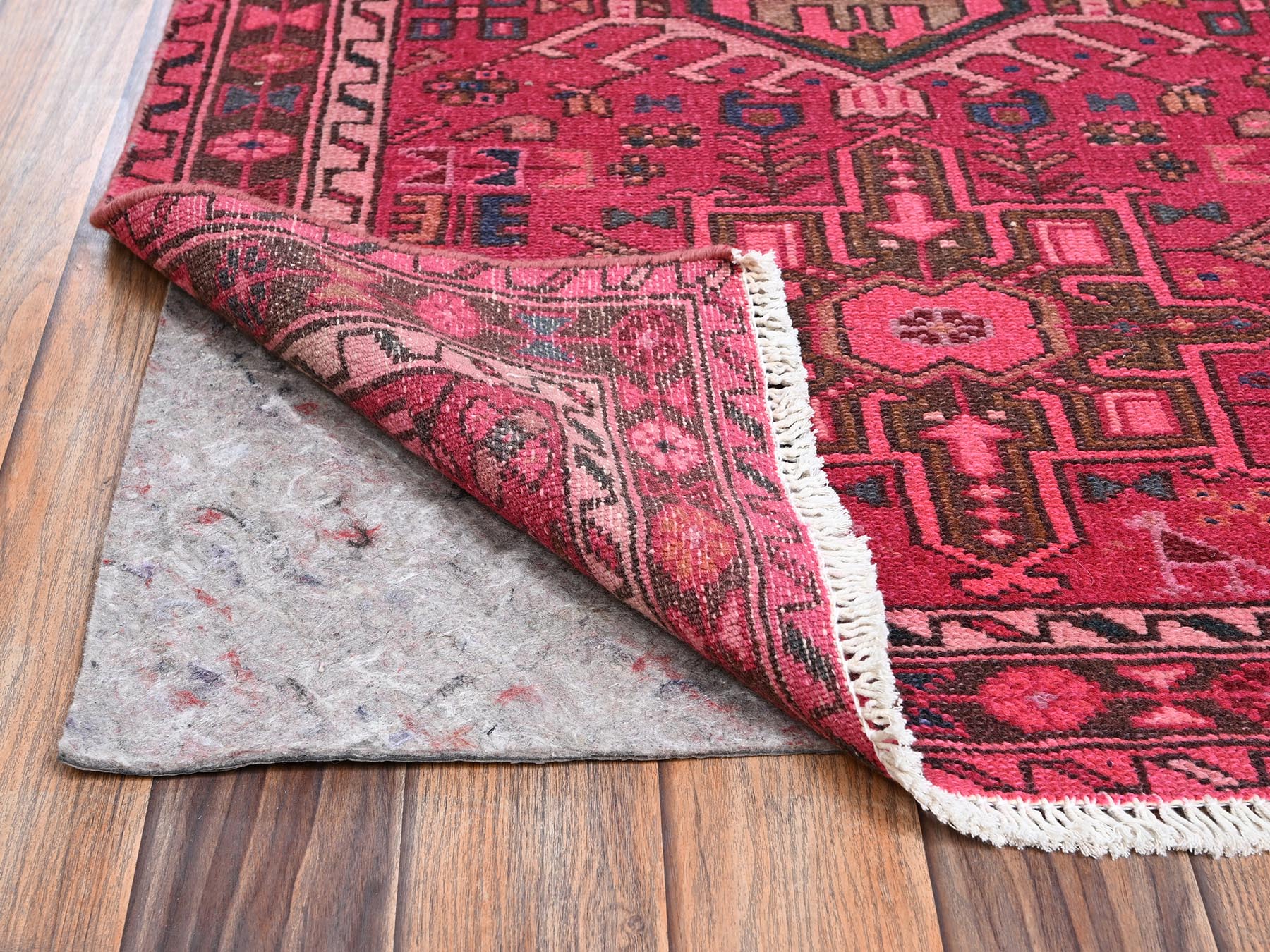 2'10"x9'8" Hot Pink, Vintage Persian Karajeh with Geometric Medallions, Worn Down and Distressed, 100% Wool, Hand Knotted, Zero Pile, Sides and Ends Professionally Secured, Runner, Oriental Rug HR2227 - Image 3