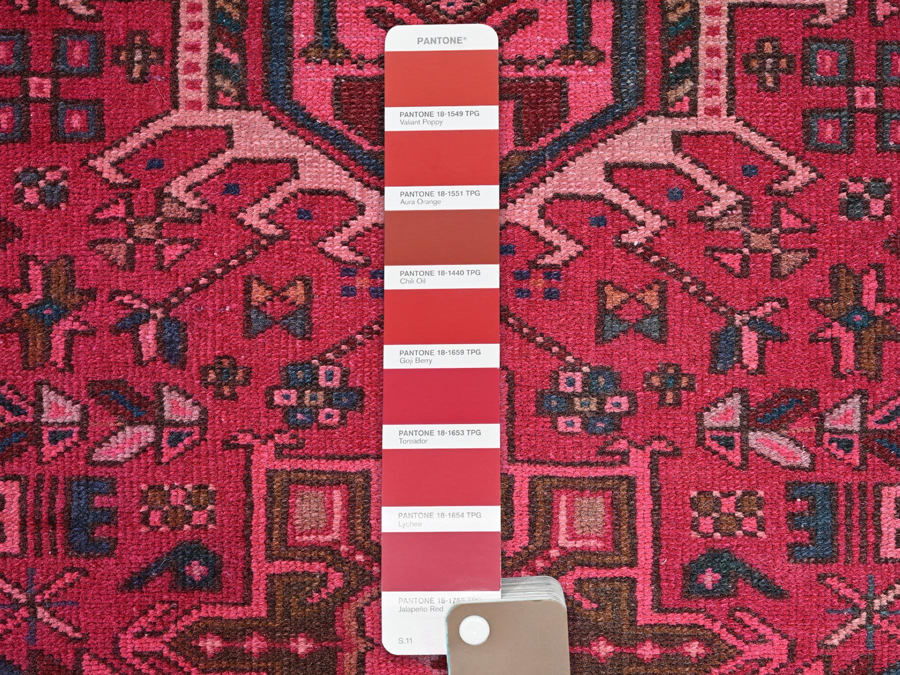 2'10"x9'8" Hot Pink, Vintage Persian Karajeh with Geometric Medallions, Worn Down and Distressed, 100% Wool, Hand Knotted, Zero Pile, Sides and Ends Professionally Secured, Runner, Oriental Rug HR2227 - Image 4