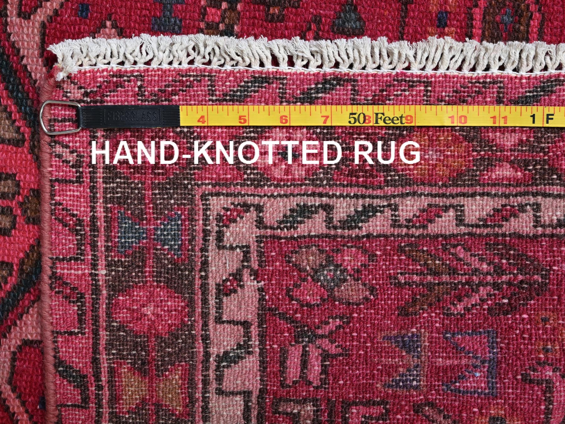 2'10"x9'8" Hot Pink, Vintage Persian Karajeh with Geometric Medallions, Worn Down and Distressed, 100% Wool, Hand Knotted, Zero Pile, Sides and Ends Professionally Secured, Runner, Oriental Rug HR2227 - Image 7