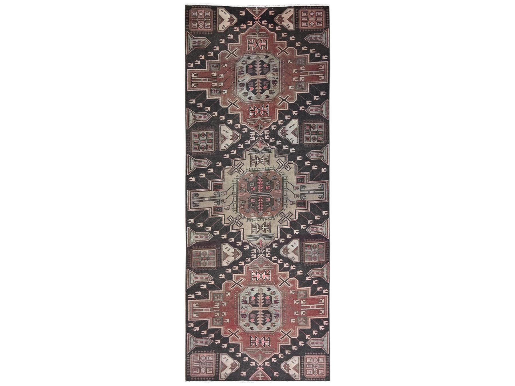 3'3"x8'7" Umber Brown, Vintage Northwest Persian with Geometric Pattern, Worn Down and Distressed, 100% Wool, Hand Knotted, Zero Pile, Sides and Ends Professionally Secured, Runner, Oriental Rug HR2228