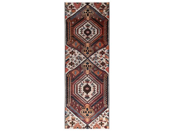 3'1"x9' Ivory with Brown, Vintage Persian Bakhtiar, Geometric Pattern, Worn Down and Distressed, 100% Wool, Hand Knotted, Zero Pile, Sides and Ends Professionally Secured, Runner, Oriental Rug HR2229