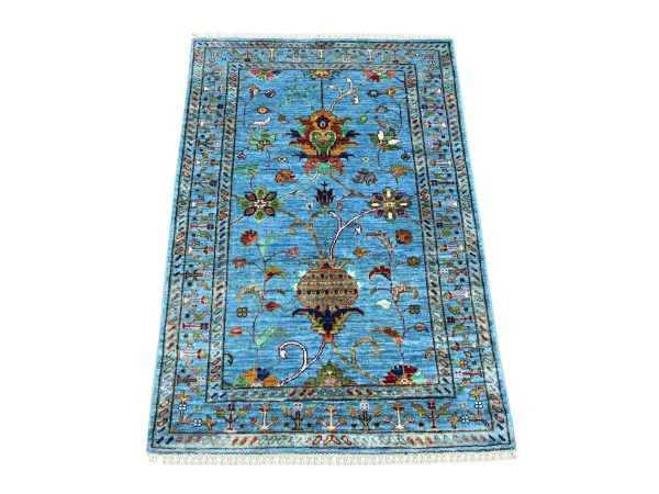 2'9"x4' Cerulean Blue, Soft Wool, Hand Knotted, Vegetable Dyes, Afghan Sultani with Pomegranate Design, Denser Weave, Sample, Mat, Oriental Rug HR22325