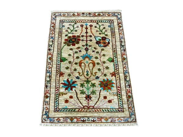 2'8"x4' Parchment White, Afghan Sultani with All Over Floral Pattern, Denser Weave, Soft Wool, Vegetable Dyes, Hand Knotted, Sample, Mat, Oriental Rug HR22326