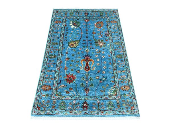 3'3"x5' Cerulean Blue, Organic Wool, Afghan Sultani with All Over Floral Pattern, Denser Weave, Vegetable Dyes, Hand Knotted, Oriental Rug HR22365