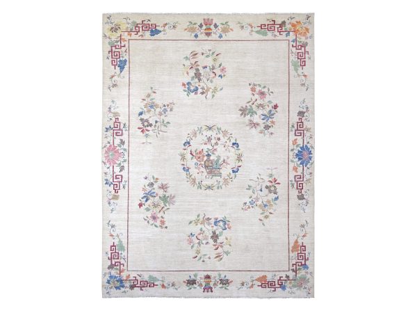 9'x12' Alabaster White, Chinese Art Deco Inspired Peshawar, Vegetable Dyes, Hand Knotted, Soft and Shiny Wool, Oriental Rug HR22426