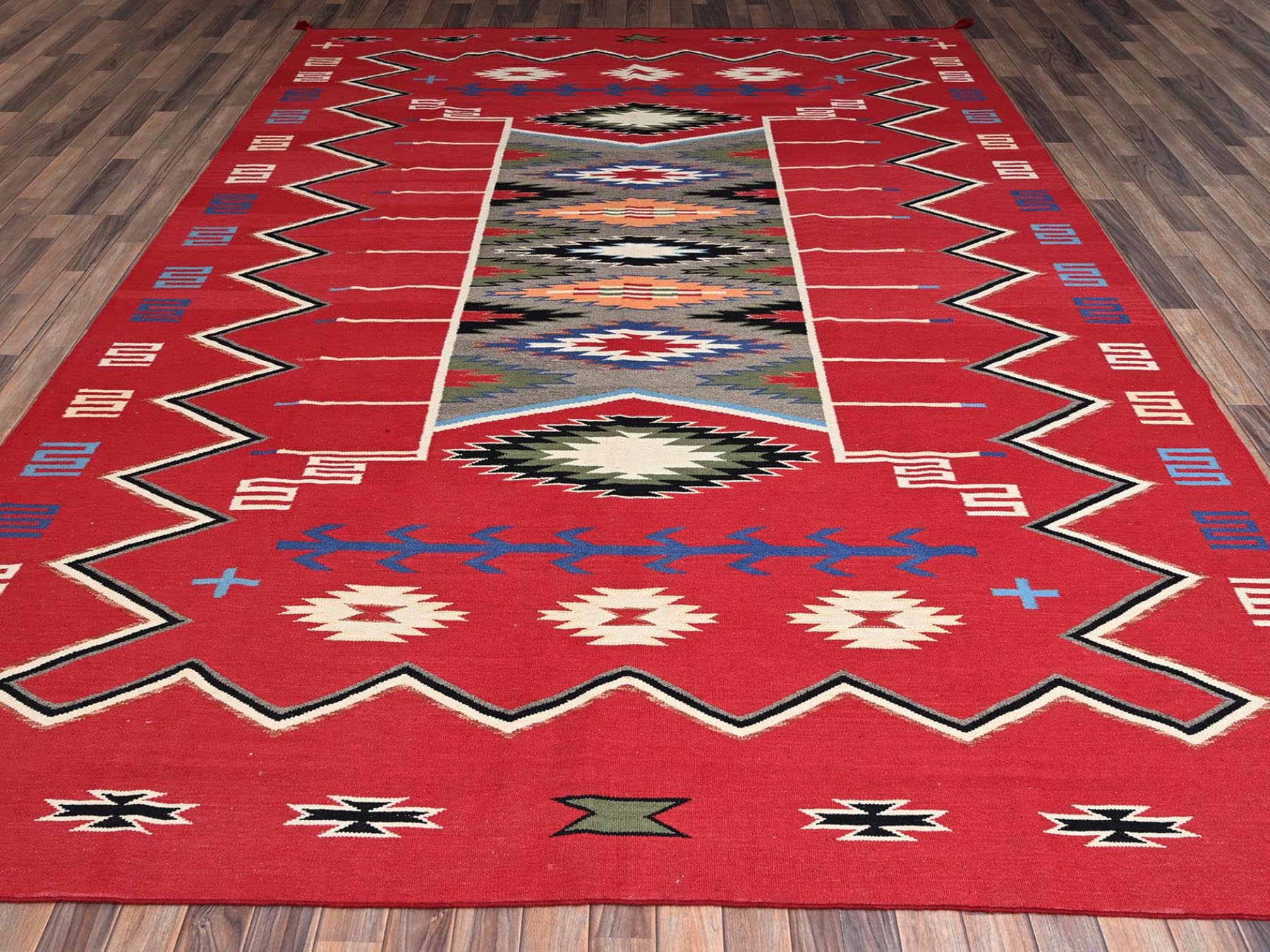 9'x12'1" Crimson Red, Flat Weave, American Indian Southwest Geometric Design, Hand Woven, 100% Wool, Oriental Rug HR2249 - Image 2