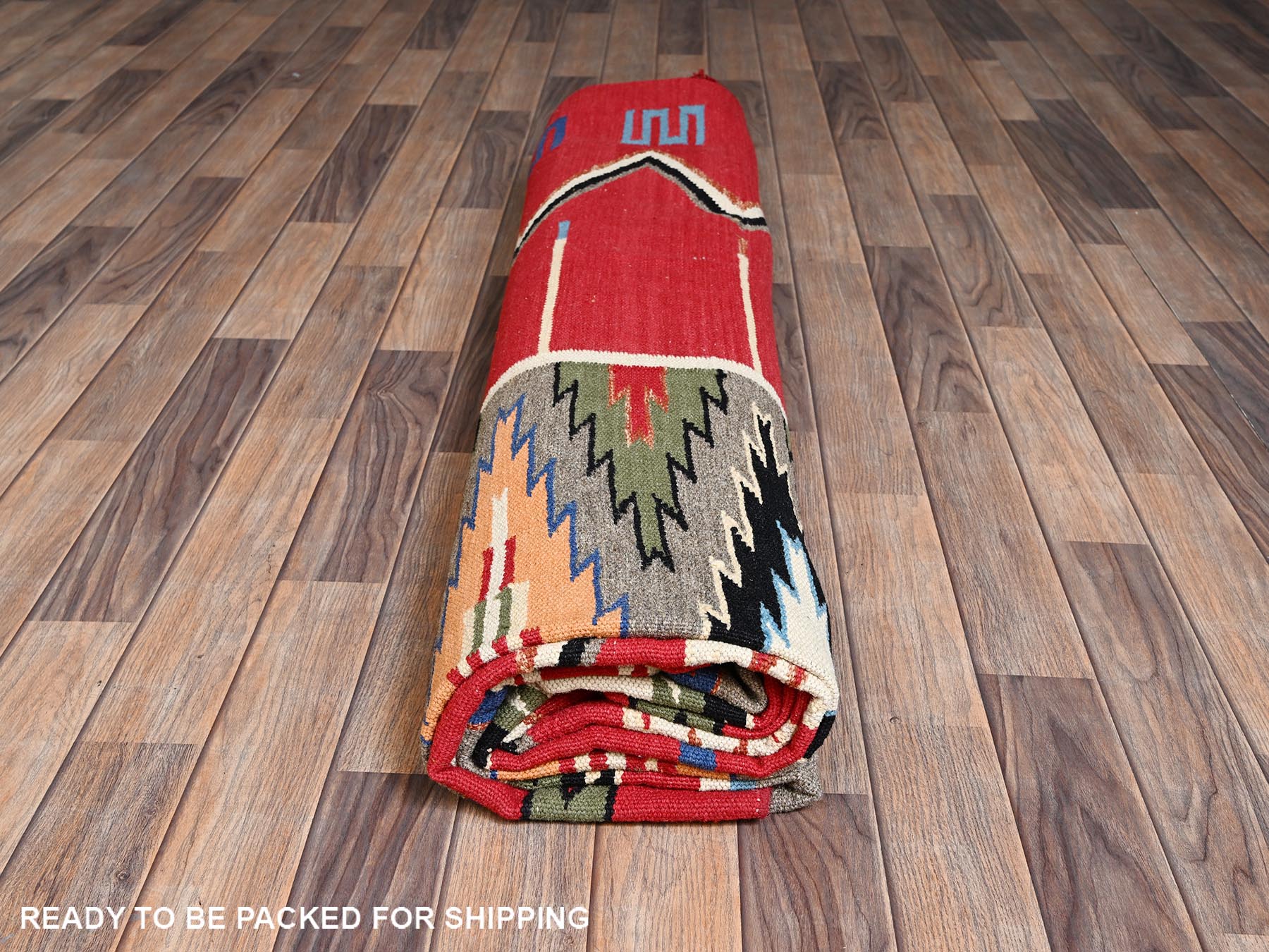 9'x12'1" Crimson Red, Flat Weave, American Indian Southwest Geometric Design, Hand Woven, 100% Wool, Oriental Rug HR2249 - Image 6