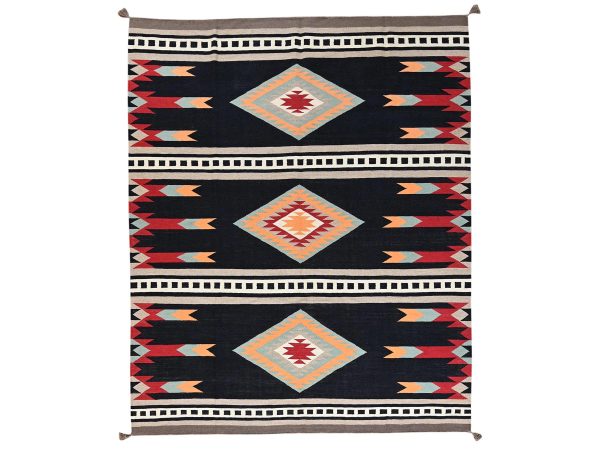 8'4"x10'3" Midnight Black, Flat Weave, American Indian Southwest Geometric Design, Hand Woven, 100% Wool, Oriental Rug HR2256