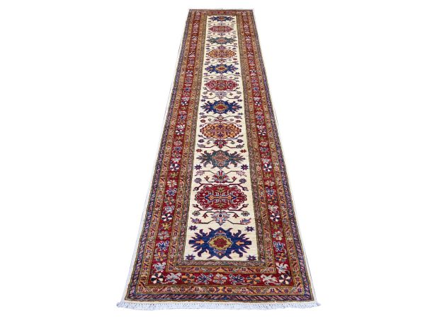 2'8"x12'1" Pearl White, Natural Wool, Hand Knotted, Afghan Super Kazak with Tribal Medallions Design, Vegetable Dyes, Runner, Oriental Rug HR22566