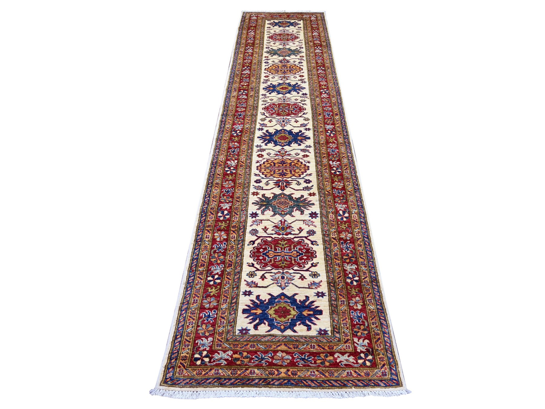 2'8"x12'1" Pearl White, Natural Wool, Hand Knotted, Afghan Super Kazak with Tribal Medallions Design, Vegetable Dyes, Runner, Oriental Rug HR22566