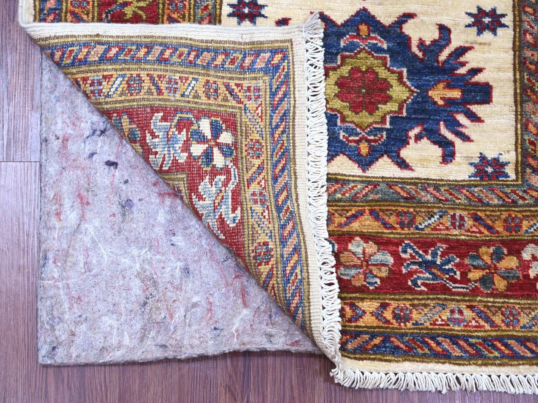 2'8"x12'1" Pearl White, Natural Wool, Hand Knotted, Afghan Super Kazak with Tribal Medallions Design, Vegetable Dyes, Runner, Oriental Rug HR22566 - Image 2