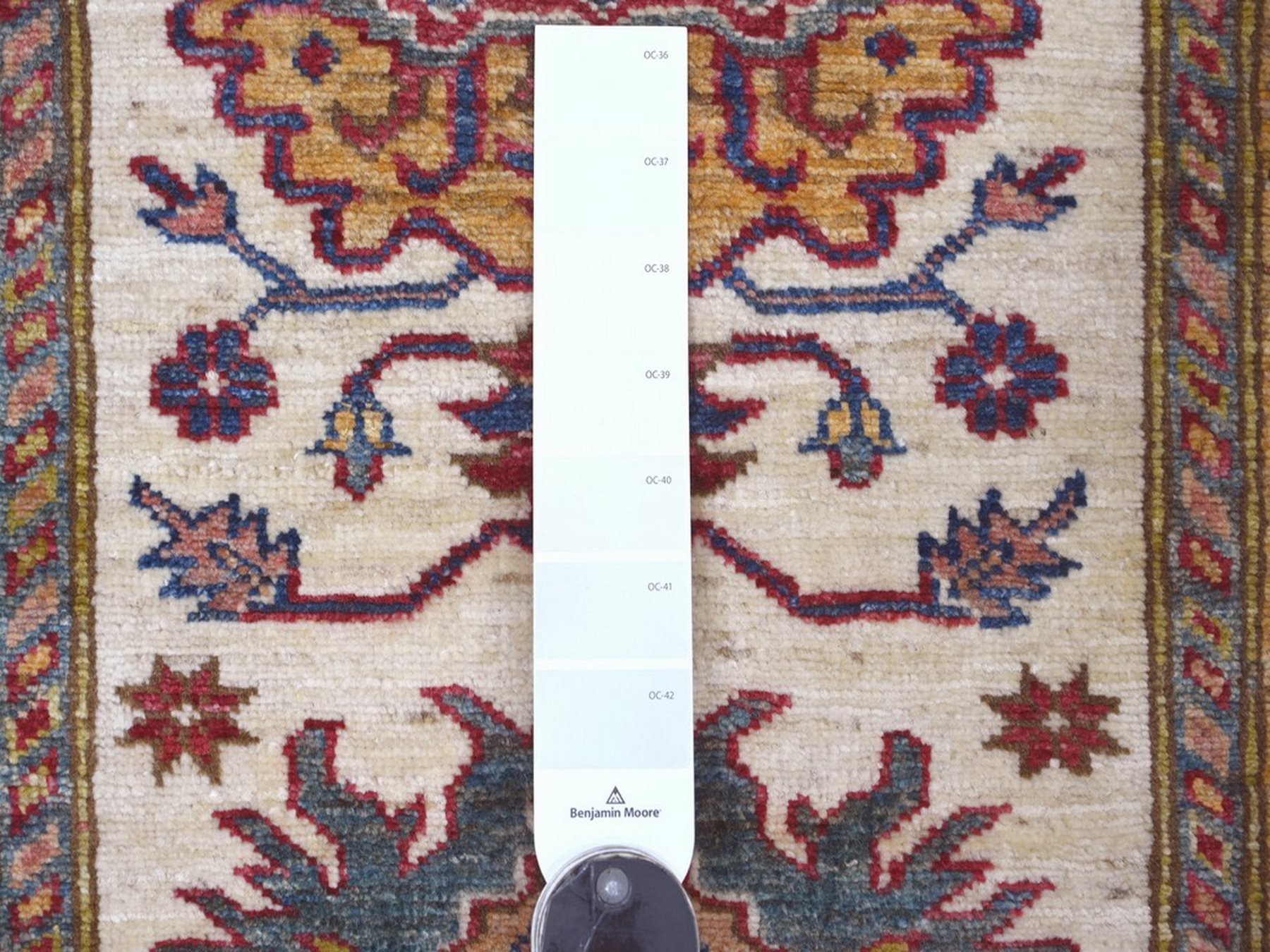 2'8"x12'1" Pearl White, Natural Wool, Hand Knotted, Afghan Super Kazak with Tribal Medallions Design, Vegetable Dyes, Runner, Oriental Rug HR22566 - Image 3