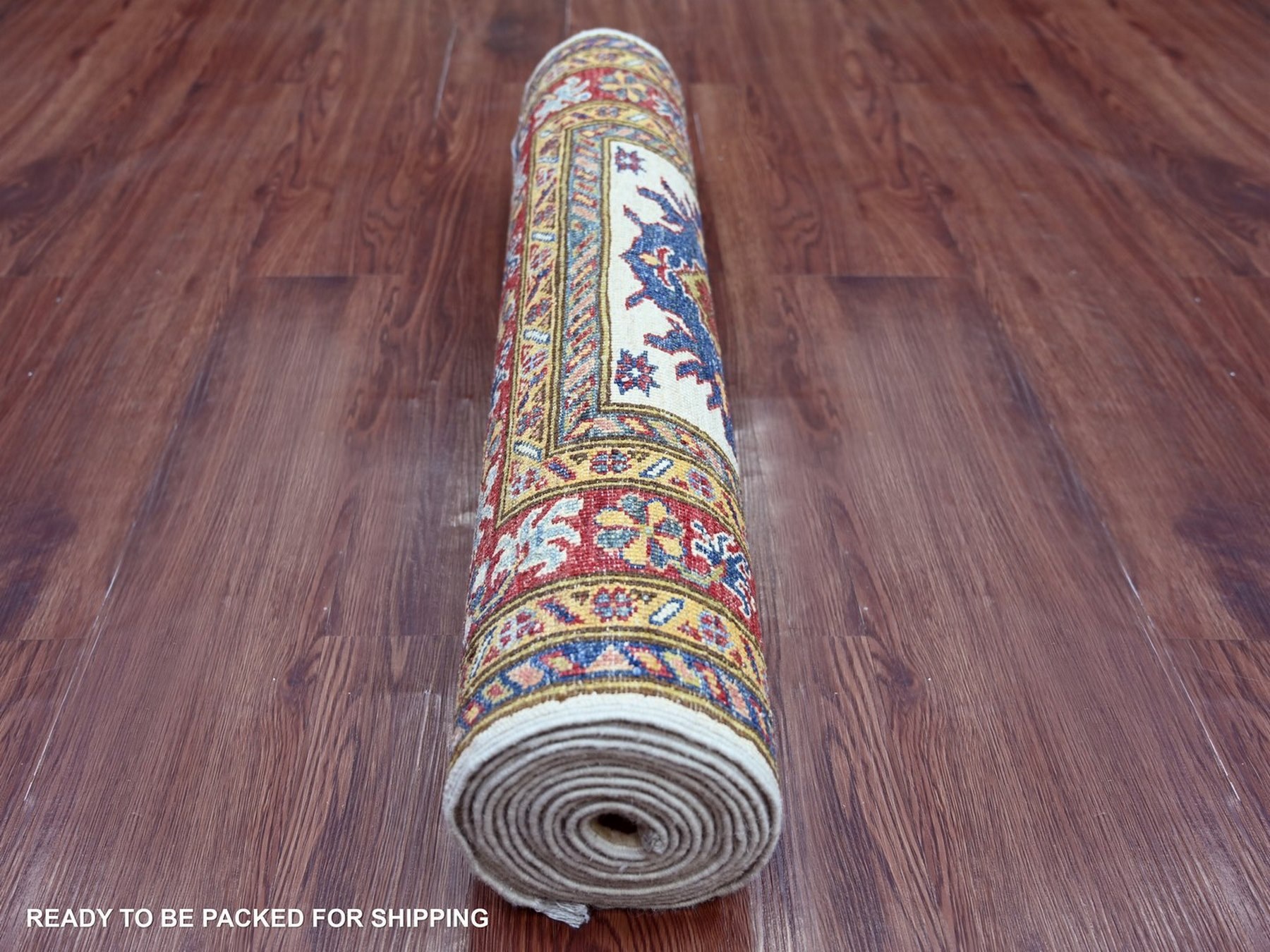 2'8"x12'1" Pearl White, Natural Wool, Hand Knotted, Afghan Super Kazak with Tribal Medallions Design, Vegetable Dyes, Runner, Oriental Rug HR22566 - Image 4