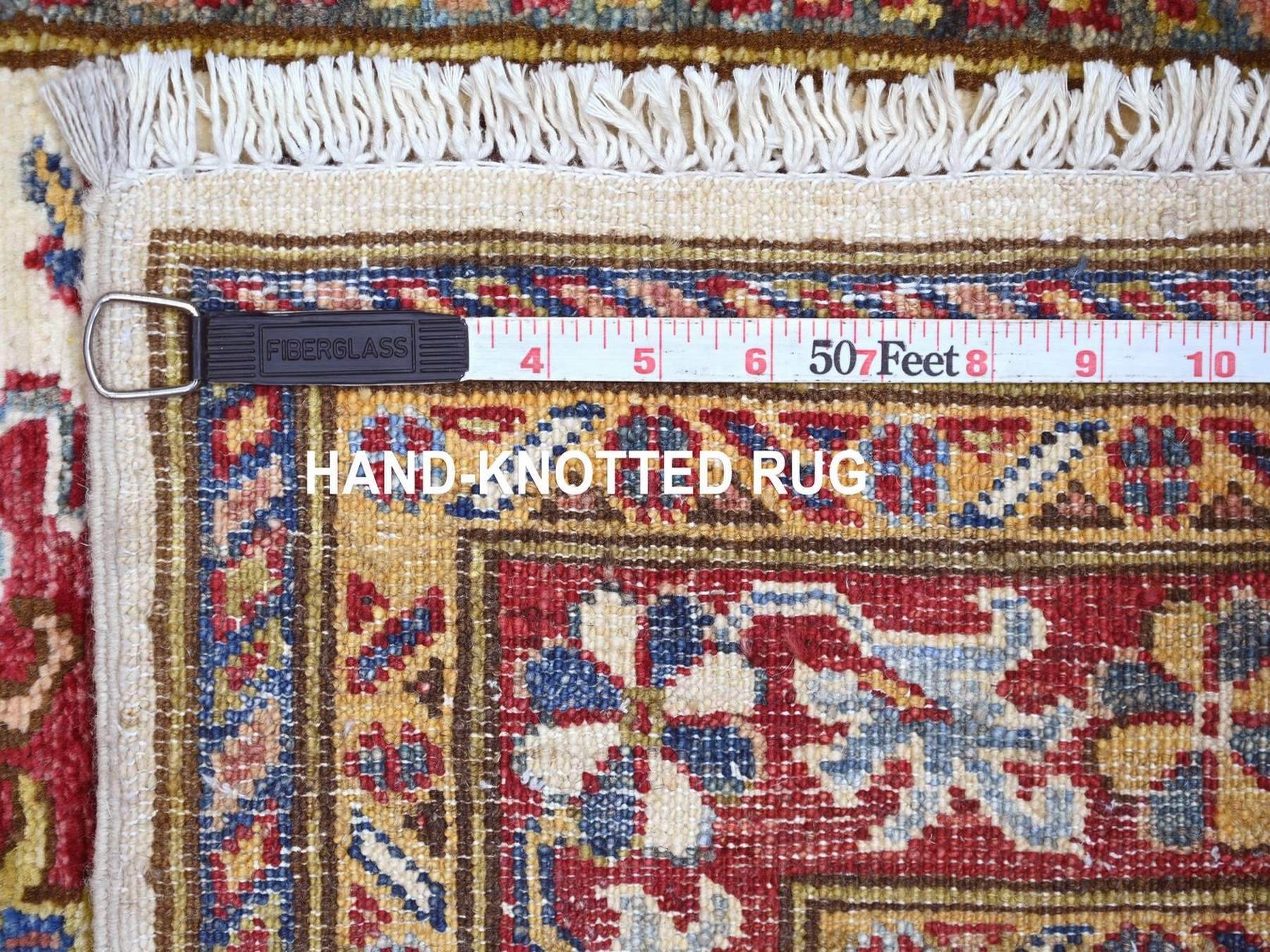 2'8"x12'1" Pearl White, Natural Wool, Hand Knotted, Afghan Super Kazak with Tribal Medallions Design, Vegetable Dyes, Runner, Oriental Rug HR22566 - Image 6
