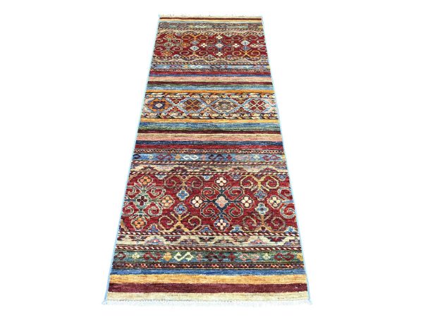 2'7"x6'7" Colorful, Organic Wool, Hand Knotted, Afghan Super Kazak with Khorjin Design, Vegetable Dyes, Narrow Runner, Oriental Rug HR22568