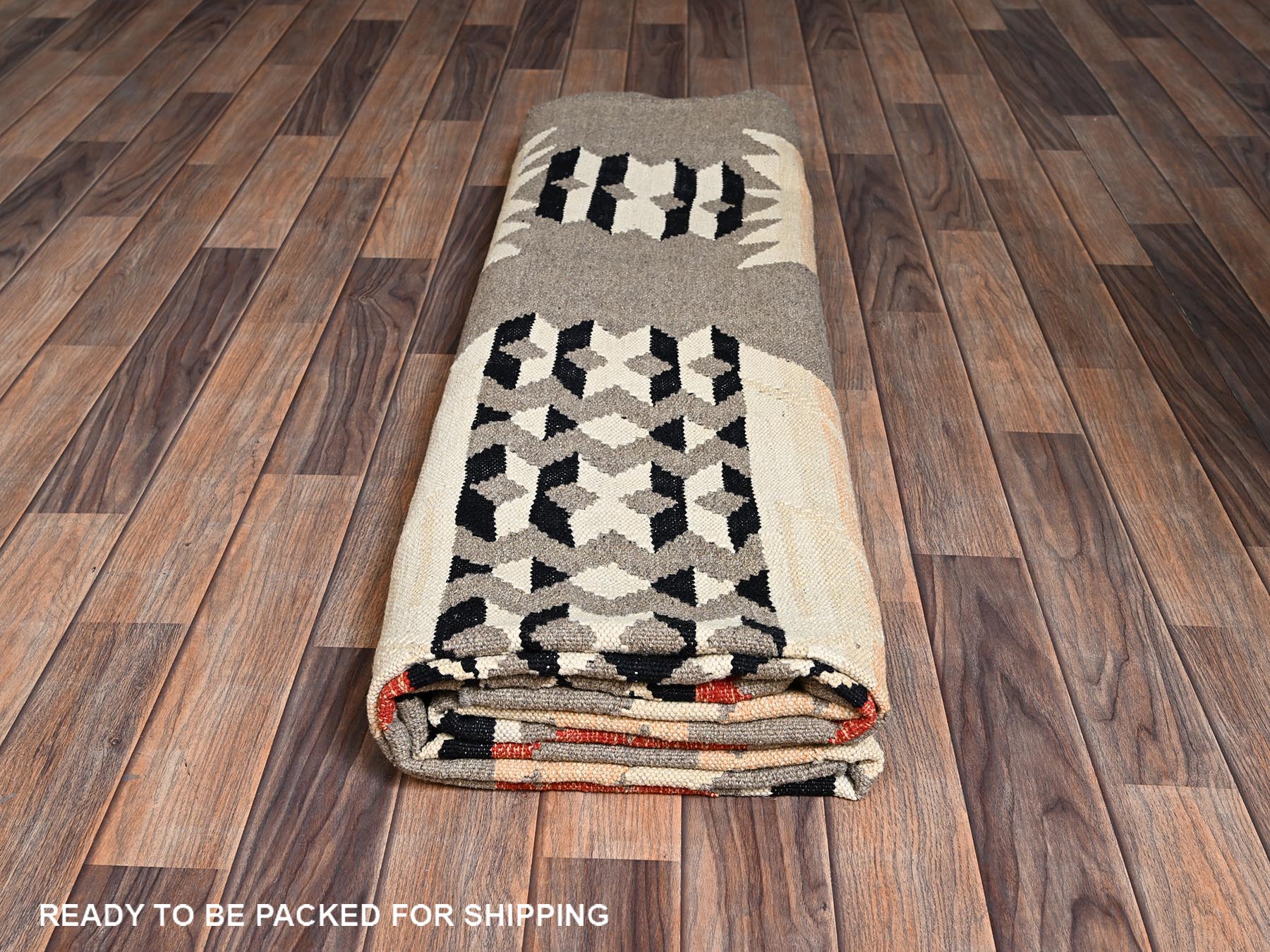 8'x10'3" Khaki Brown, Flat Weave, American Indian Southwest Geometric Design, Hand Woven, 100% Wool, Oriental Rug HR2257 - Image 6