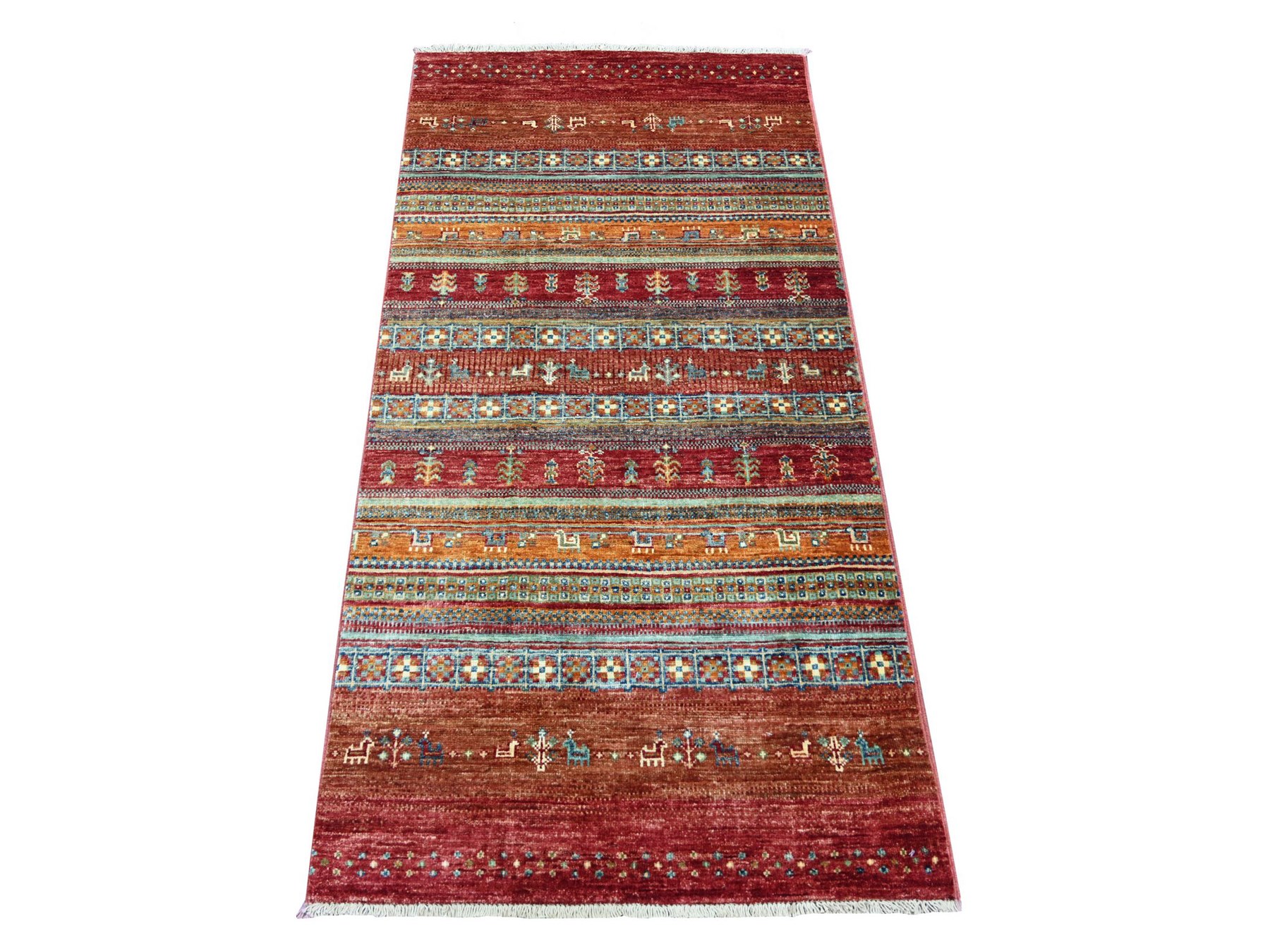 2'7"x5' Rust Red, Pure Wool, Hand Knotted, Afghan Super Kazak with Khorjin Design, Vegetable Dyes, Oriental Rug HR22573