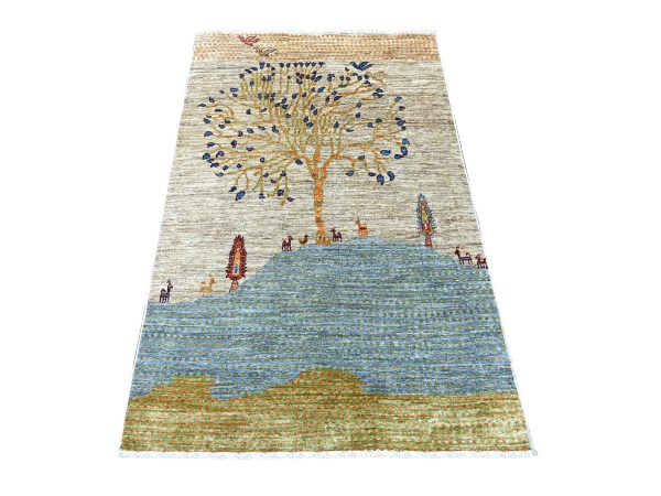 3'3"x5'2" Chiffon White, Vegetable Dyes, Organic Wool, Afghan Sultani with Scenery Design, Denser Weave, Hand Knotted, Oriental Rug HR22574