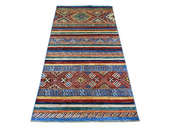 3'4"x6'3" Colorful, Vegetable Dyes, Natural Wool, Hand Knotted, Afghan Super Kazak with Khorjin Design, Wide Runner, Oriental Rug HR22577