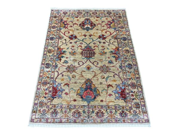3'7"x4'10" Linen White, Afghan Sultani with Pomegranate Design, Soft Wool, Hand Knotted, Vegetable Dyes, Denser Weave, Oriental Rug HR22578