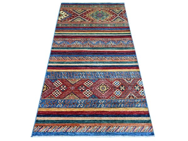 3'3"x6'3" Colorful, Afghan Super Kazak with Khorjin Design, Vegetable Dyes, Natural Wool, Hand Knotted, Wide Runner, Oriental Rug HR22581