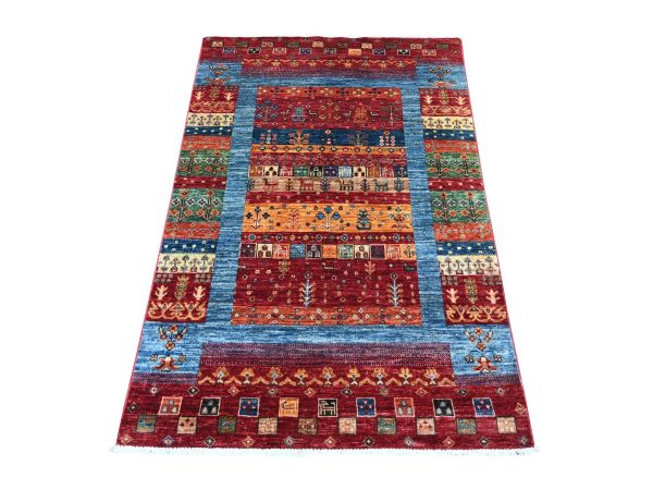 3'4"x5' Rust Red, Hand Knotted, Natural Wool, Fine Kashkuli Gabbeh with Small Animal Figurines, Vegetable Dyes, Oriental Rug HR22582