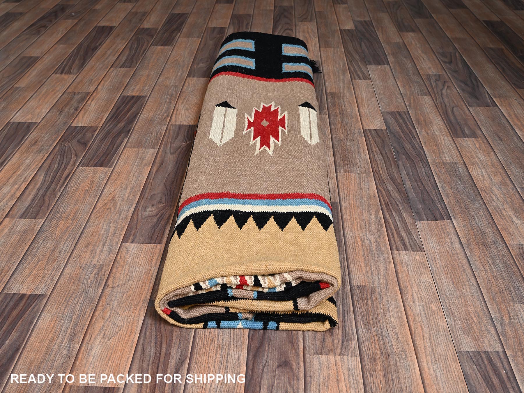 8'3"x9'7" Beaver Brown, Flat Weave, American Indian Southwest Geometric Design, Hand Woven, 100% Wool, Oriental Rug HR2259 - Image 6