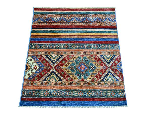 3'3"x3'7" Colorful, Hand Knotted, Vegetable Dyes, Natural Wool, Afghan Super Kazak with Khorjin Design, Sample, Mat, Oriental Rug HR22598