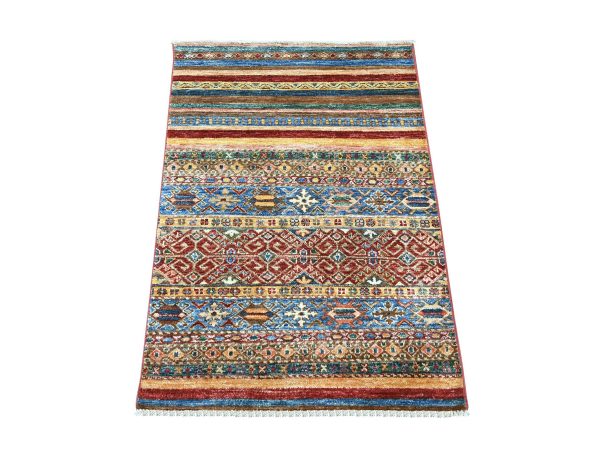 2'8"x3'9" Colorful, Vegetable Dyes, Natural Wool, Hand Knotted, Afghan Super Kazak with Khorjin Design, Sample, Mat, Oriental Rug HR22601