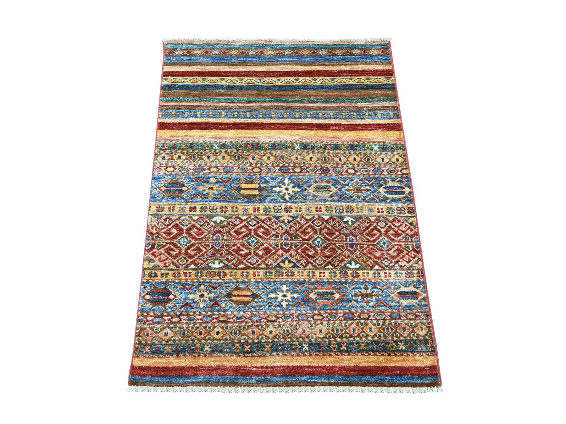 2'8"x3'9" Colorful, Vegetable Dyes, Natural Wool, Hand Knotted, Afghan Super Kazak with Khorjin Design, Sample, Mat, Oriental Rug HR22601