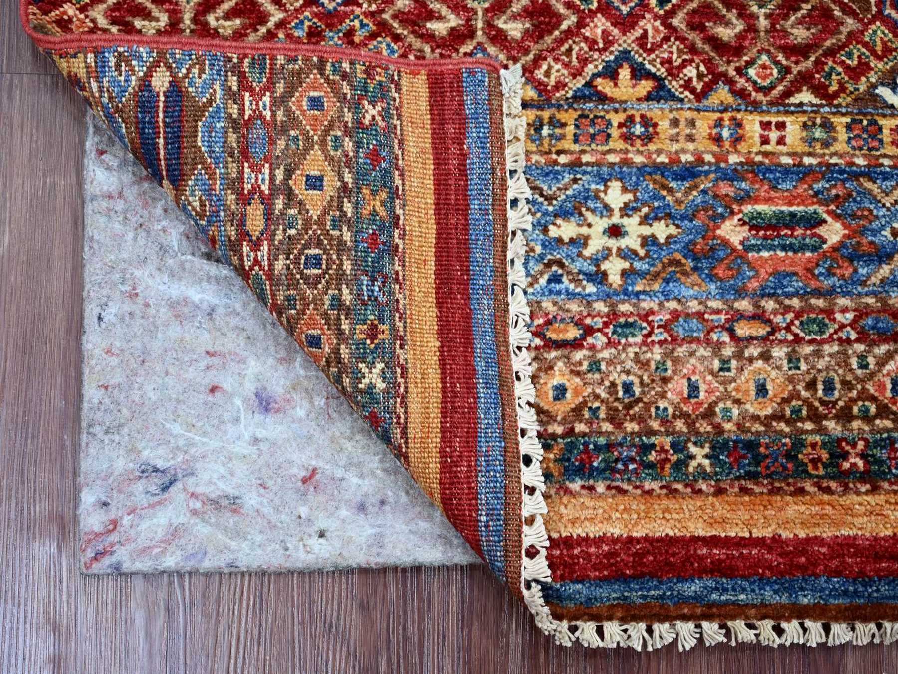 2'8"x3'9" Colorful, Vegetable Dyes, Natural Wool, Hand Knotted, Afghan Super Kazak with Khorjin Design, Sample, Mat, Oriental Rug HR22601 - Image 2