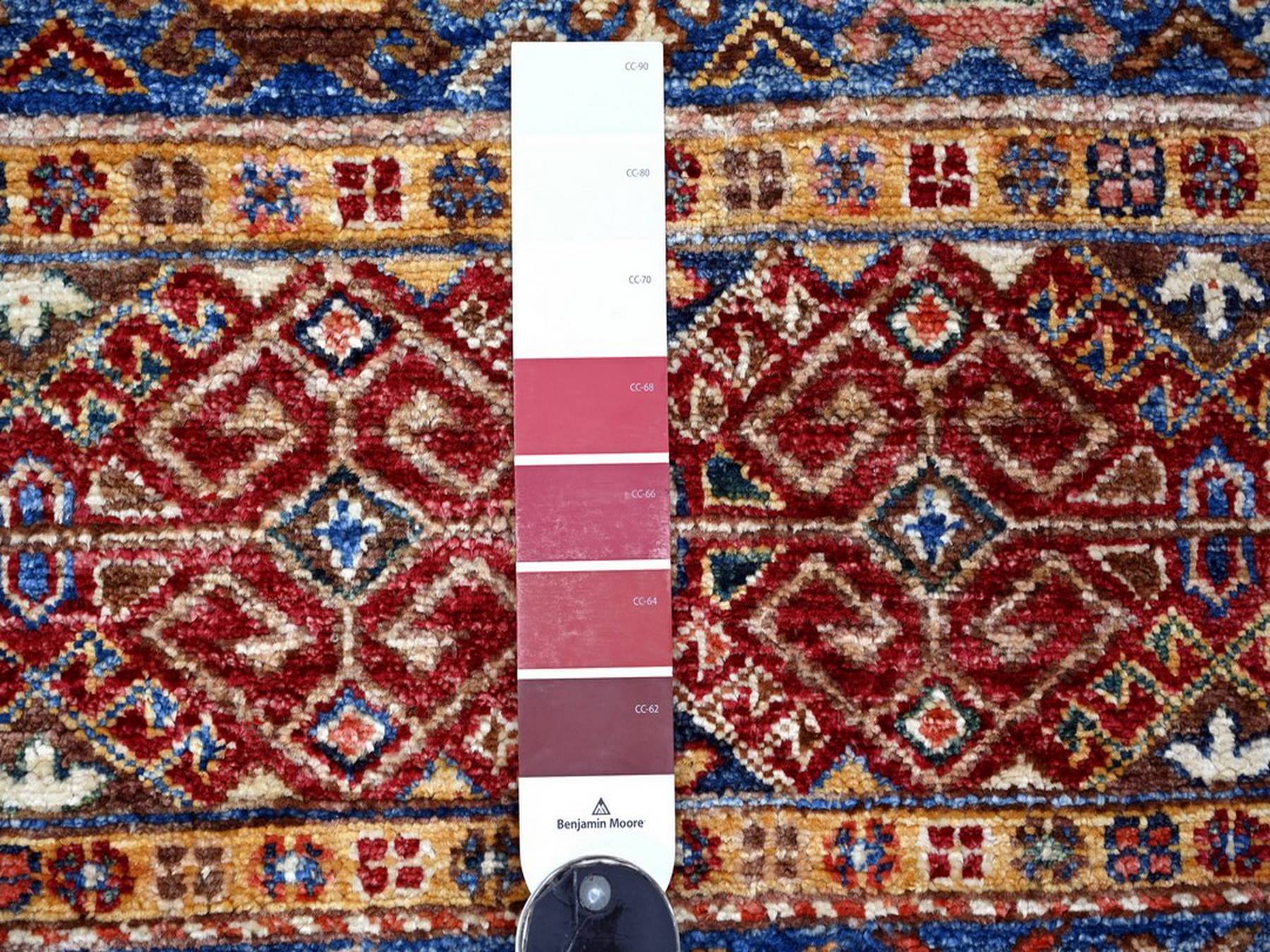 2'8"x3'9" Colorful, Vegetable Dyes, Natural Wool, Hand Knotted, Afghan Super Kazak with Khorjin Design, Sample, Mat, Oriental Rug HR22601 - Image 3